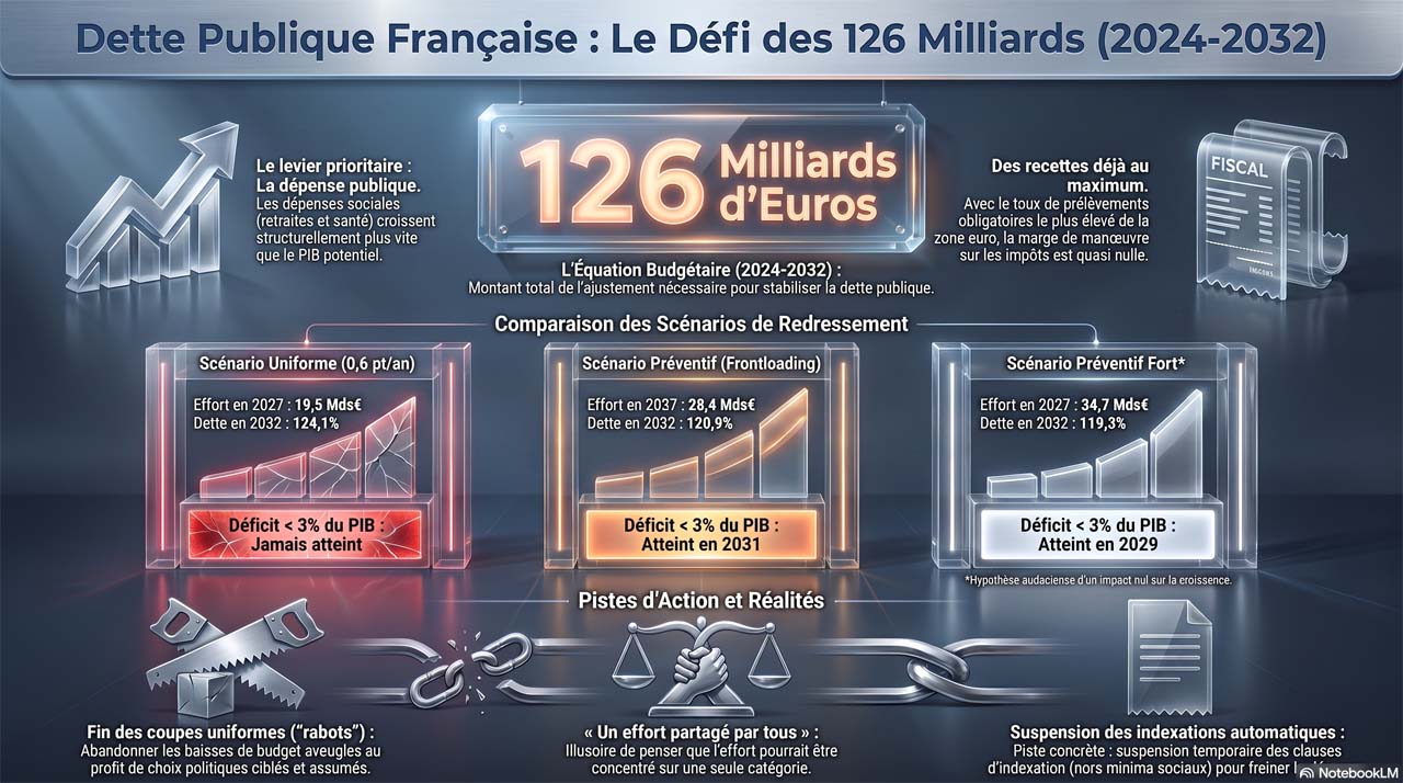 Trois chemins convergents illustrant les scénarios d'ajustement budgétaire