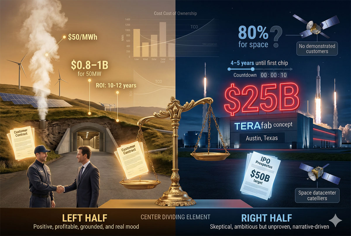 Cost comparison charts: underground geothermal datacenter vs orbital constellation vs lunar facility