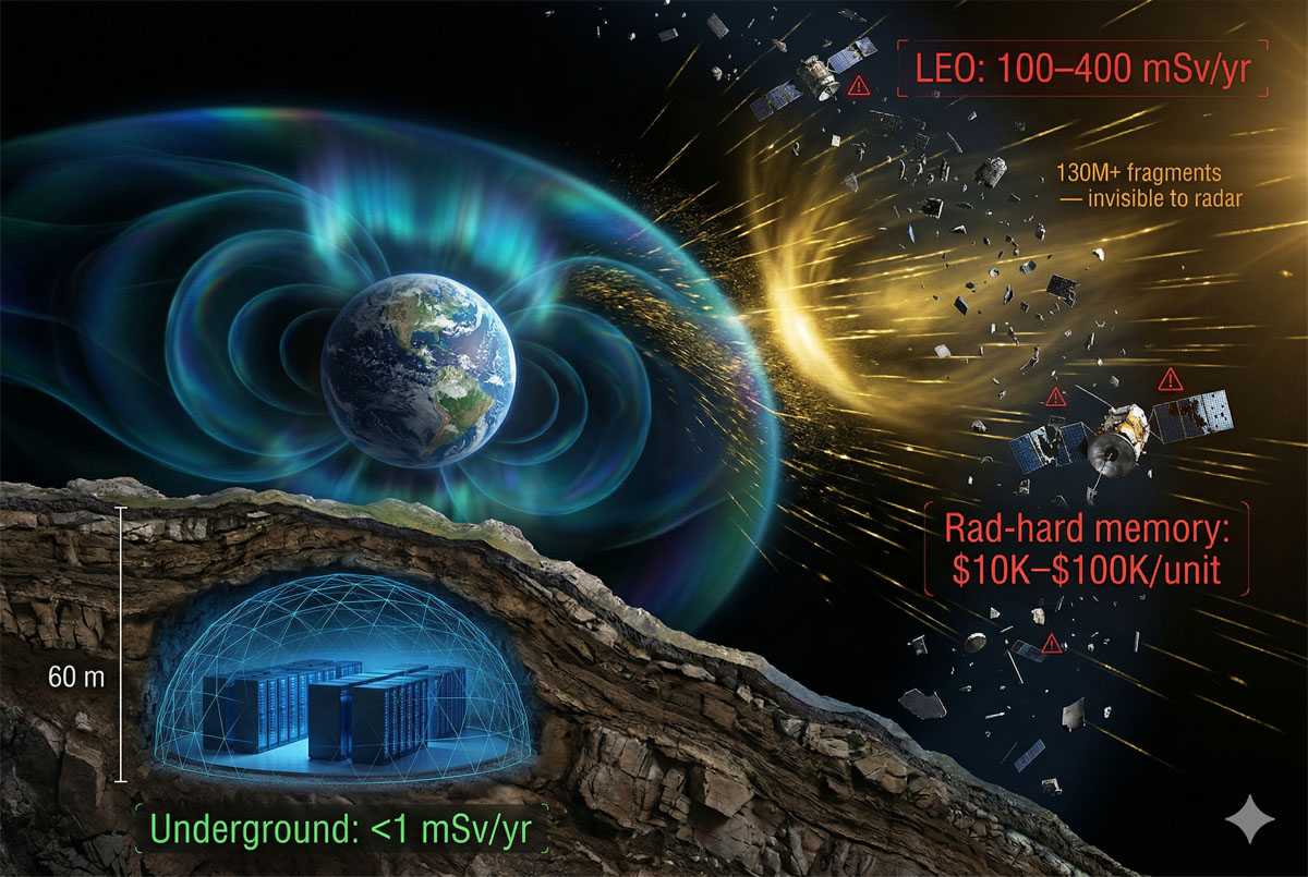 LEO radiation belt, solar particle bombardment, orbital debris cloud surrounding Earth